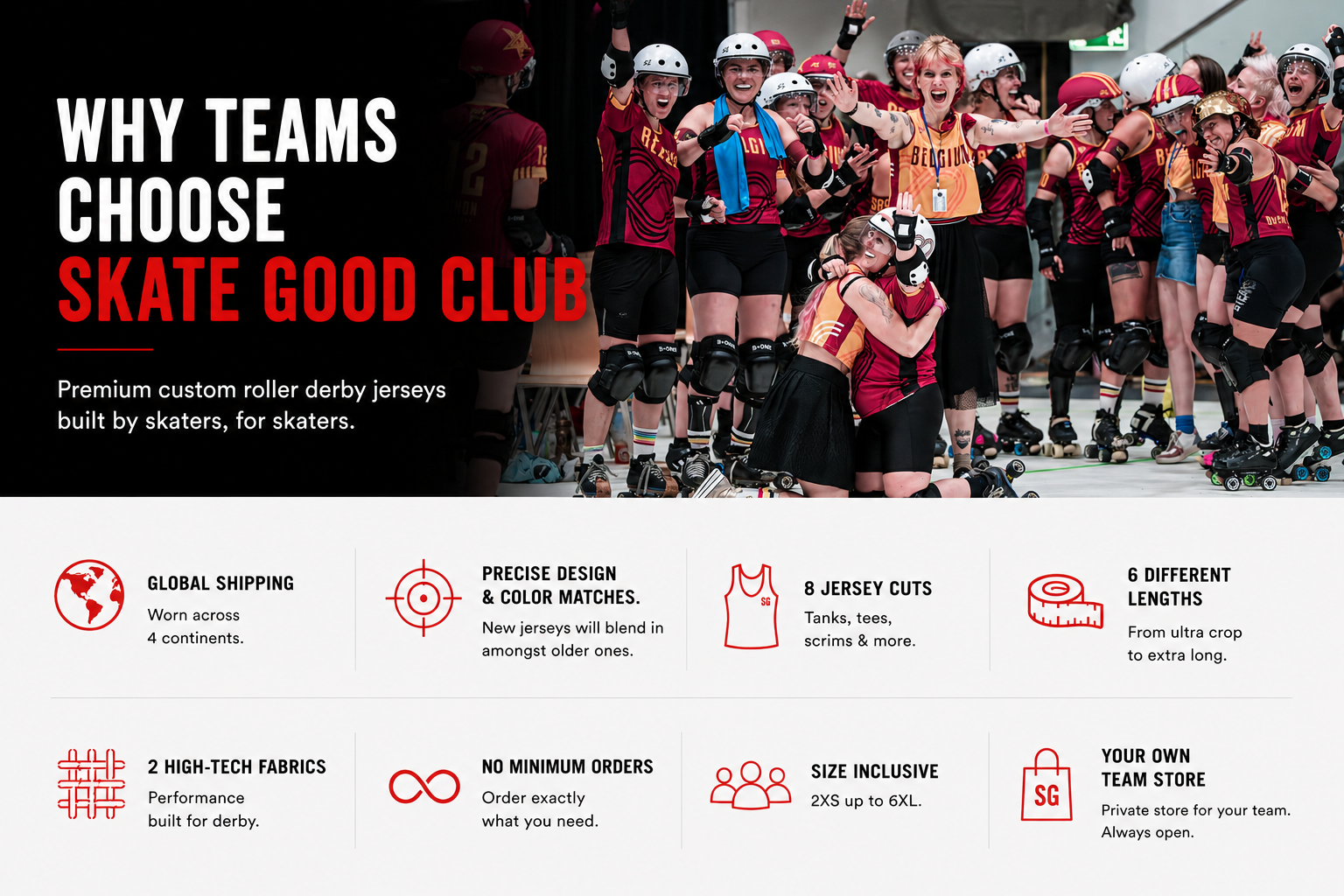 Group of roller derby skaters wearing custom jerseys with promotional text about Skate Good Club.