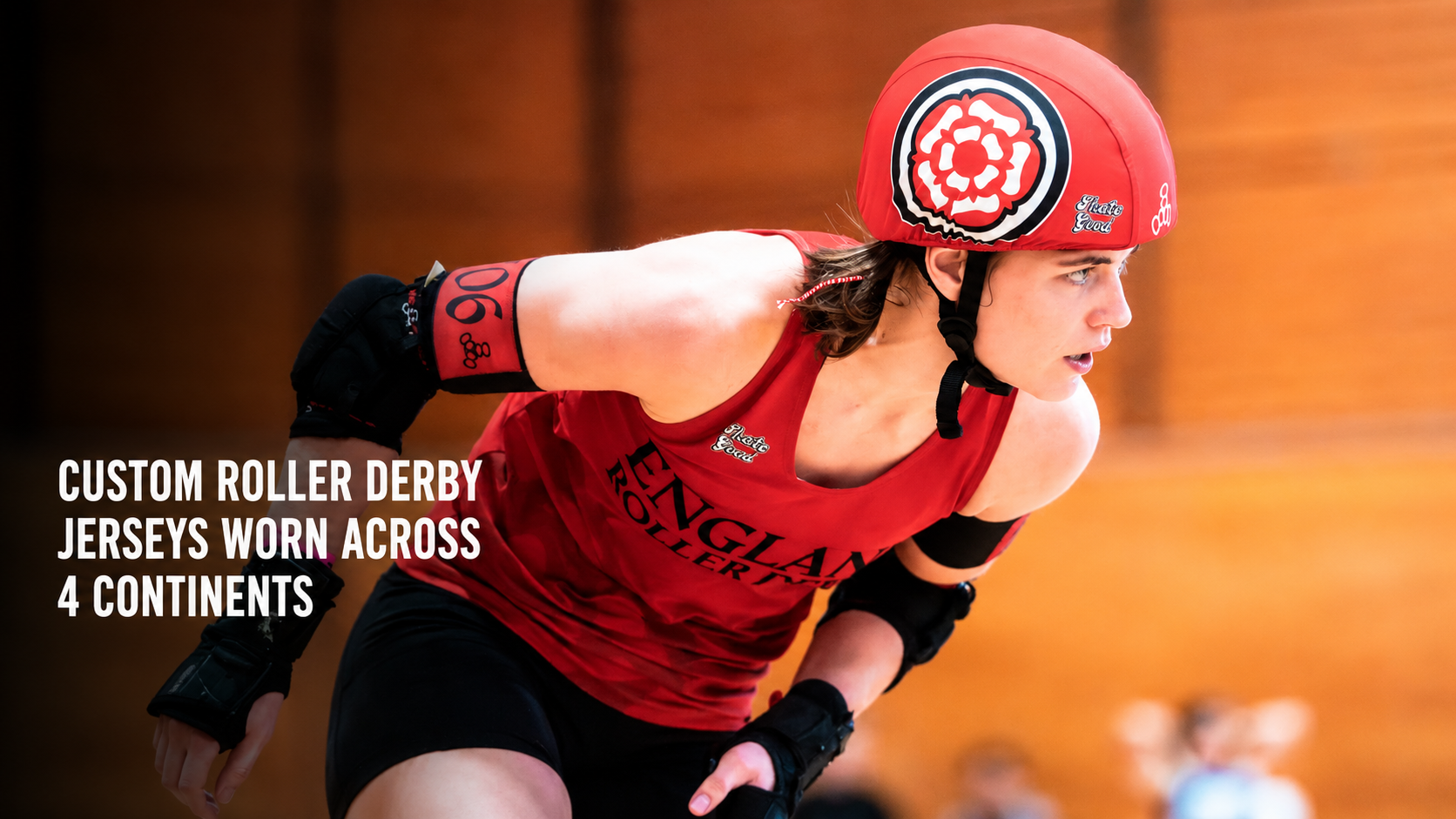 Roller Derby skater is wearing sublimated roller derby jersey and reversible helmet cover