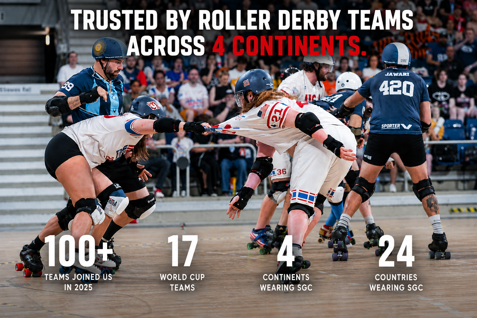 Roller Derby players grabbing each other while blocking the opposing team
